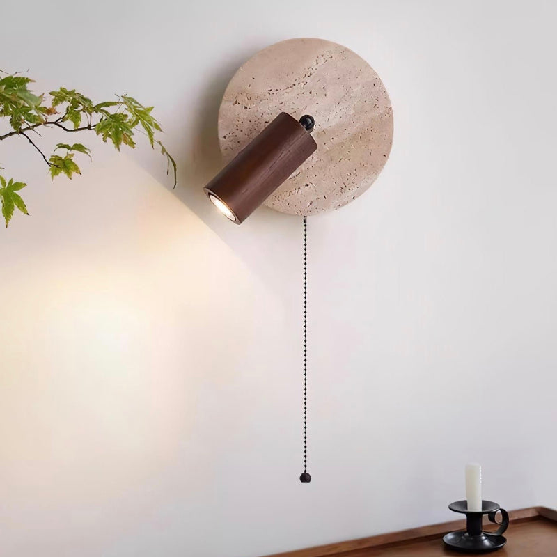 Wabi-Sabi Style Travertine Cylinder Wall Lamp with Pull-chain Switch